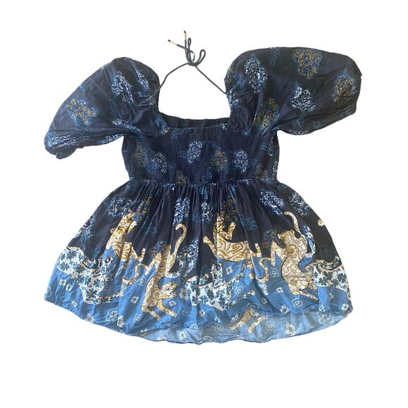 Anthropologie Puff Sleeve Smocked Mini Dress With Tiger Graphics Square Neck 2XL - Picture 2 of 8